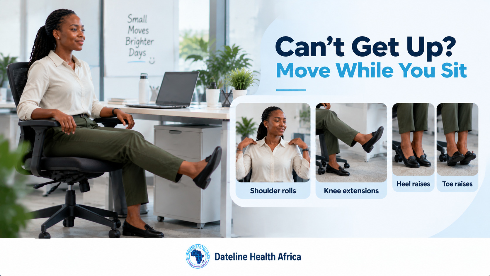 An African female office worker performing movements while sitting at a desk, including shoulder rolls and leg movements when sitting for long periods.